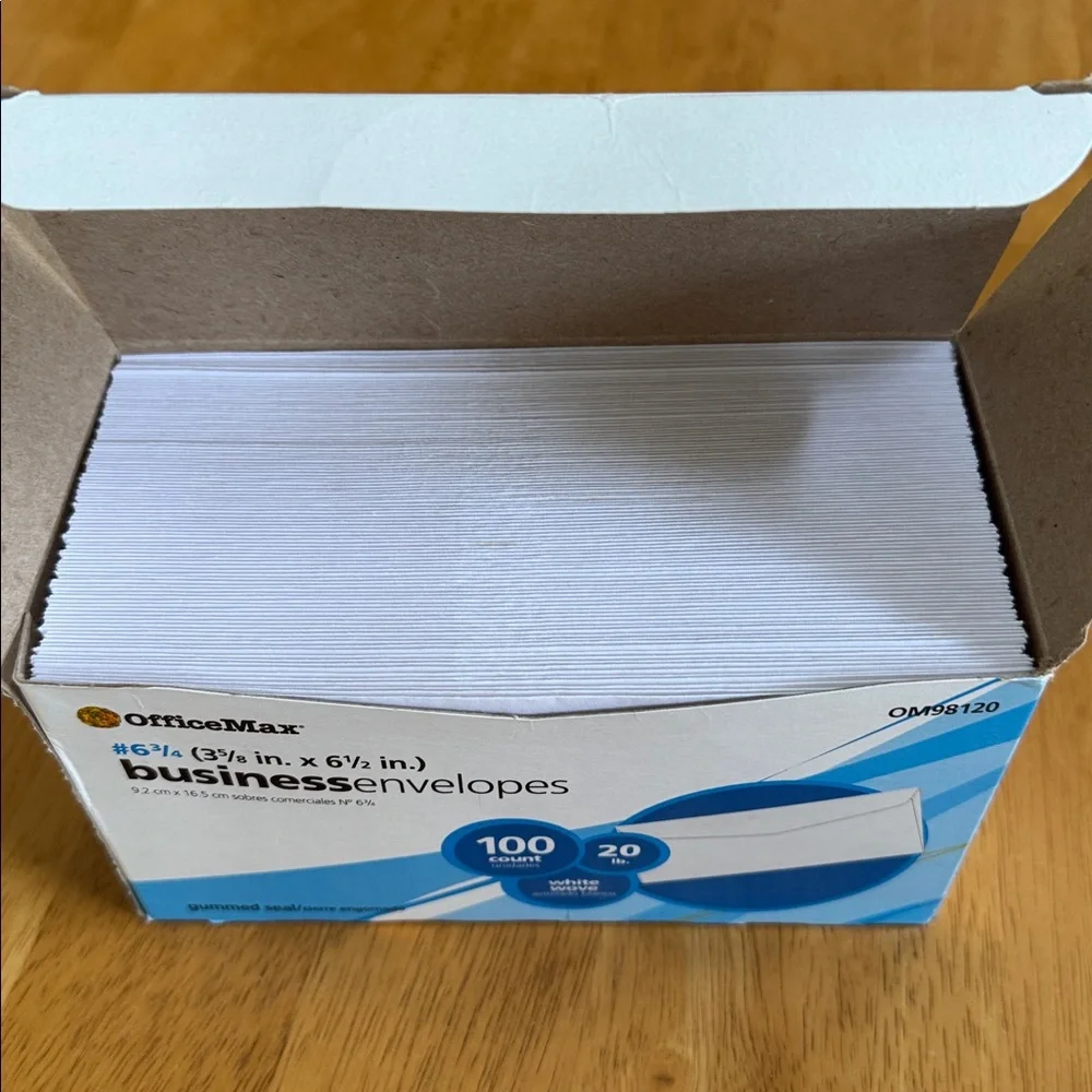 New Full Box OfficeMax Business Envelopes 100 Count
